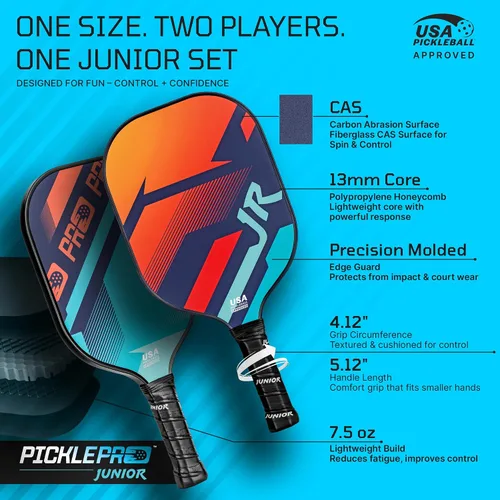 Vista 3 de PicklePro Junior - Juego de 6 paletas de pickleball probadas en laboratorio con 2 paletas junior, 4 bolas y bolsa, cara de fibra de vidrio aprobada