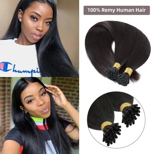 Vista 3 de #1#2#4 - Extensiones de cabello lacio y sedoso, con punta en I, microenlaces con punta en I para mujeres negras, cabello virgen brasileño de 0.03