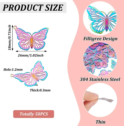 Vista 4 de FASHEWELRY 50 piezas de conectores de filigrana de mariposa de acero inoxidable, adornos de metal grabados con arco iris para fabricación de joyas