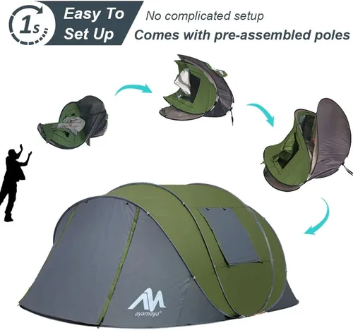 Vista 2 de 6 Person Easy Pop Up Tents for Camping - AYAMAYA Double Layer Waterproof Instant Tent with Vestibule & Porch, Large Size Family Tent Automatic Setup