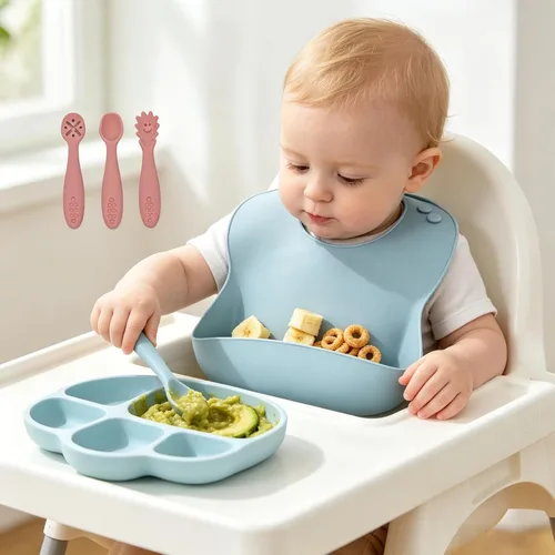Vista 2 de Baberos de silicona para bebés, 2 unidades, con cucharas de silicona para bebés, impermeables, suaves