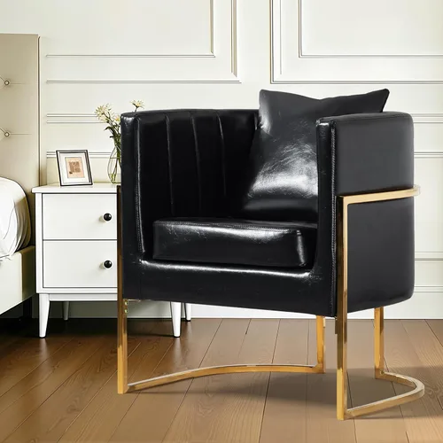 Vista 6 de Silla moderna de cuero, sillón tapizado de mediados de siglo con almohada para sala de estar, cómoda silla de tocador individual con patas doradas
