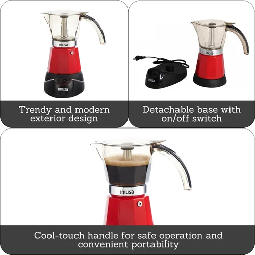 Vista 3 de IMUSA Cafetera eléctrica para café expreso de 6 o 3 tazas, color rojo