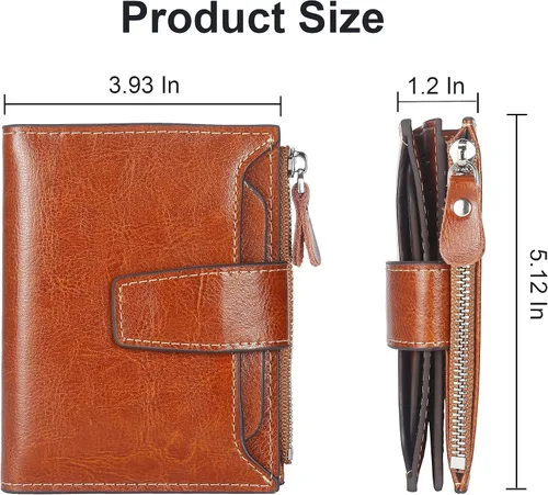 Vista 5 de Lavemi Cartera pequeña y compacta para mujer con bloqueo RFID monedero plegable de cuero genuino con ventanas de identificación