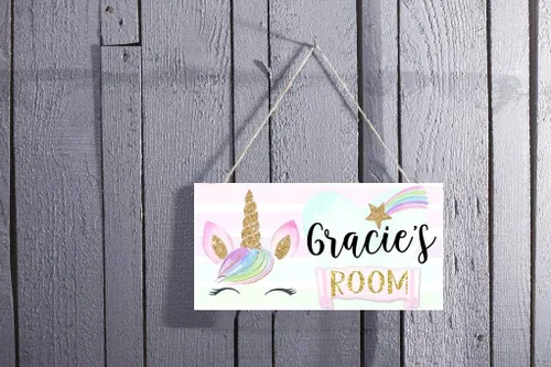 Vista 2 de Letrero personalizado de unicornio arcoíris para dormitorio de niñas, cuarto de bebé, dormitorio, letrero de puerta de madera, letrero personalizado