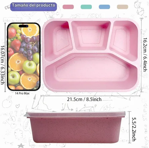 Vista 2 de Aellabus Paquete de 8 cajas Bento, recipientes para el almuerzo con paja de trigo, reutilizables, aptos para microondas y lavavajillas