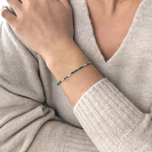 Vista 2 de 81stgeneration Pulsera de plata de ley 925 con piedras preciosas verdes para mujer, extensor de 15,5 + 1.0 in, pulsera de cuentas de malaquita