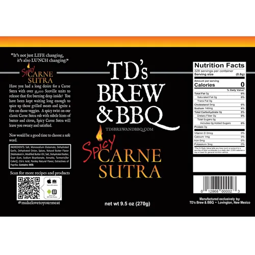 Vista 2 de TD's Brew & BBQ SPICY CARNE SUTRA Rub & Seasoning BBQ Rub Condimento picante para carne Masaje picante para carnes y verduras Masaje picante