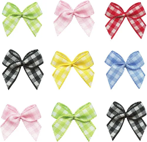 Vista 7 de VIVIQUEN 50 mini lazos de cinta a cuadros con flores a cuadros, lazos de cinta a cuadros, apliques de bricolaje para costura, álbumes de recortes