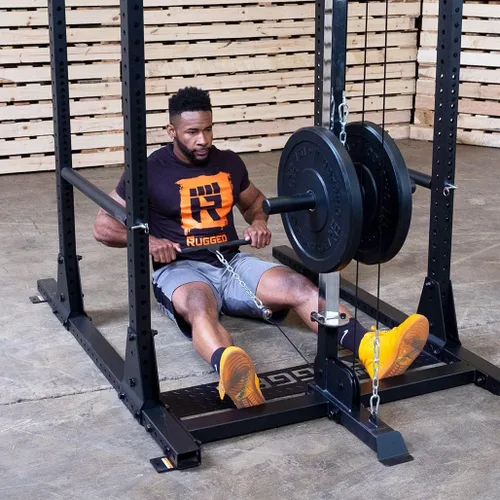 Vista 5 de Rugged Strength & Fitness Power Rack (Y100P3) con accesorio Lat - Juego de pesas de 300 libras incluido, ideal para entrenamiento de fuerza