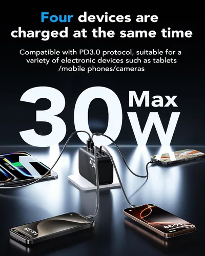 Vista 4 de Cargador de pared USB C retráctil con enchufe de pared, cables tipo C dobles de 35.5in/90cm, bloque plegable multi cargador de 40W de carga rápida