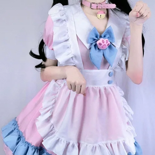 Vista 6 de Lindo uniforme de sirvienta para mujer, con cuello cuadrado, manga abullonada, con cordones, cintura y encaje, disfraz de Halloween