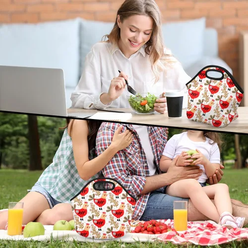 Vista 7 de Bolsa de almuerzo de neopreno con diseño de flores de pollo, suave, lavable, reutilizable, aislada, ligera, para preparación de comidas