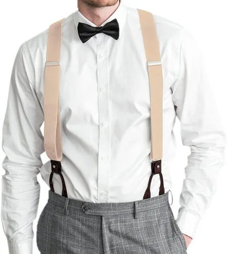 Vista 31 de AWAYTR Tirantes de botón marrón para hombre, tirantes elásticos ajustables en forma de Y