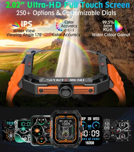 Vista 2 de Reloj inteligente militar para hombres (respuesta/hacer llamadas) 2.02 pulgadas reloj inteligente con frecuencia cardíaca y oxígeno en sangre