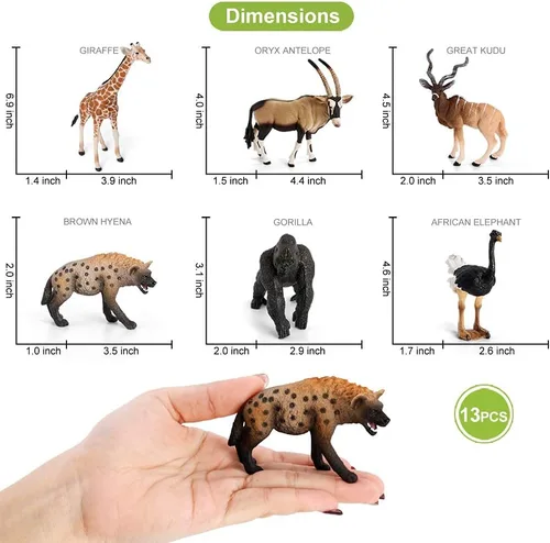 Vista 5 de Volnau Figuras de animales de safari, juguetes de 13 piezas de figuras de África para niños pequeños, decoración de Navidad, regalo de preescolar