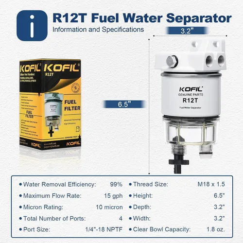 Vista 4 de R12T Separador de Combustible y Agua Marino Filtro de Combustible Marino/Ensamble Separador de Agua, Paquete de 2 para Motor Fuera de Borda Motor