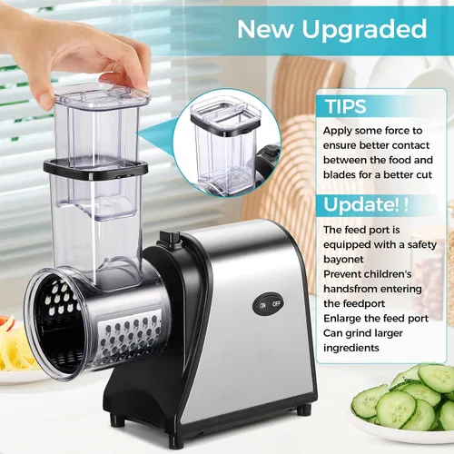 Vista 6 de Rallador eléctrico de queso, rebanador de verduras 5 en 1 y máquina de ensalada con cuchillas de acero inoxidable, rallador eléctrico de queso de un