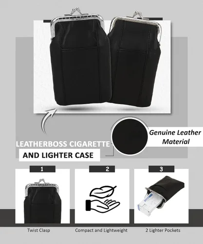 Vista 5 de Funda para cajetilla de cigarrillos de cuero con bolsillo para mechero, regular o 100 unidades, de Leatherboss (negro)