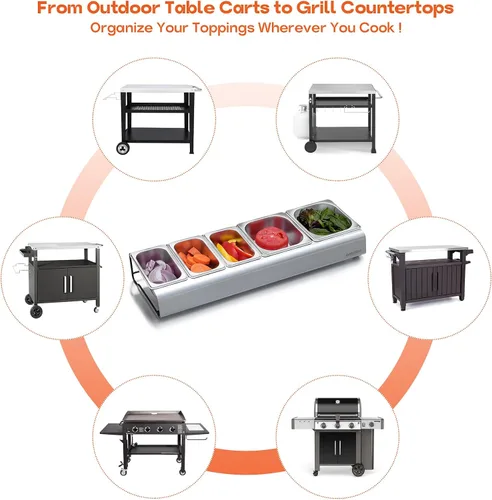 Vista 5 de Onlyfire Estación de Ingredientes para Pizza, Recipientes de Condimentos y Especias de Acero Inoxidable con Tapa y Bandejas de 5 Compartimentos