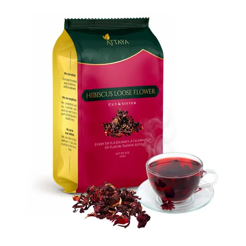 Vista 3 de Attaya Flores sueltas de hibisco natural, cortadas y tamizadas, 100% puras, secas, sin cafeína, ricas en antioxidantes para bienestar y relajación.