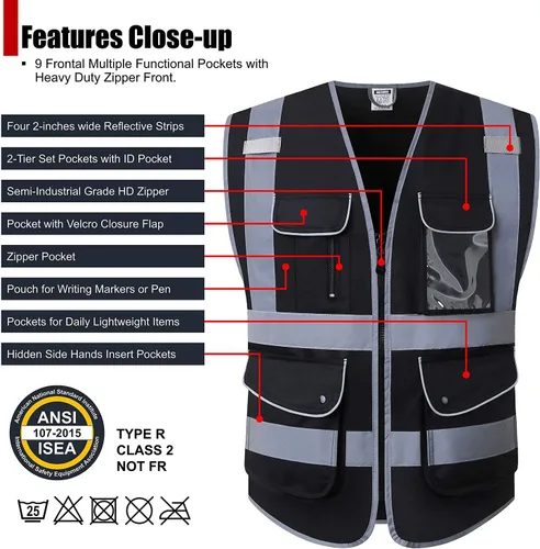 Vista 2 de Chalecos de seguridad reflectantes clase 2 retro con 9 bolsillos y cremallera frontal ANSI/ISEA 107-2015 (Negro-03, S)