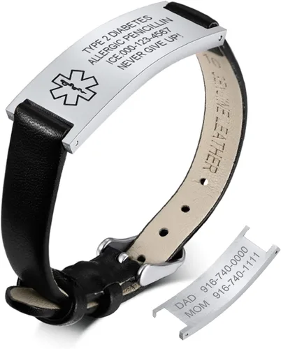 Vista 24 de MPRAINBOW Pulsera de alerta médica personalizada para mujer, correa de reloj de cuero genuino, grabado de doble cara, diabetes, epilepsia, joyería