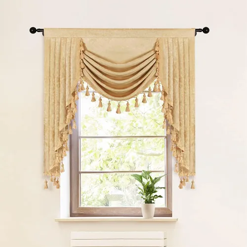 Vista 33 de ELKCA Cenefa de cortina de felpilla beige para ventana de sala de estar, cenefa de cascada para dormitorio, bolsillo para barra