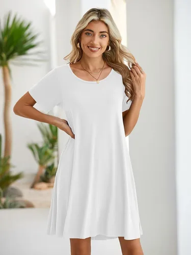 Vista 2 de BELAROI - Vestido informal de verano para mujer, vestido con vuelo de mangas cortas, estilo túnica