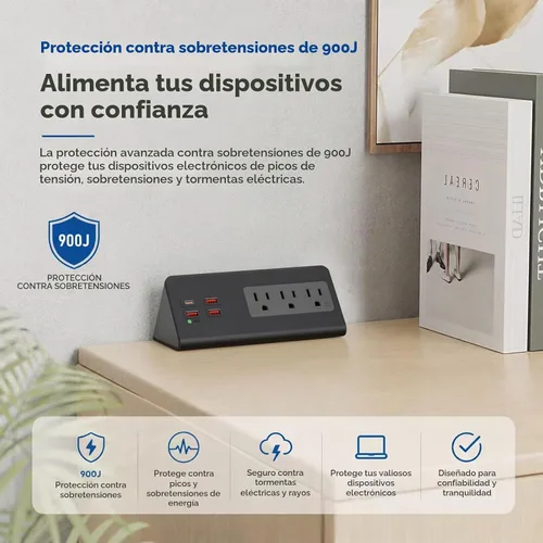 Vista 5 de Estación de carga para mesita de noche, regleta de enchufes de borde para mesita de noche con 3 tomas de CA, 4 puertos USB de carga rápida, con Negro