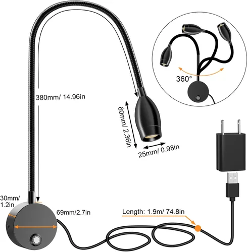 Vista 5 de ERAY 1 paquete de 1 luz LED de lectura para cama montada en la pared Touch Control, 3 Dimmable, 360°Flexible Gooseneck Headboard Book Reading
