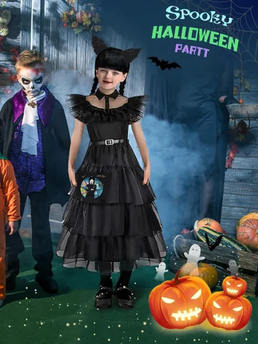 Vista 4 de Wednesday Addams - Disfraz para niñas, disfraz de Addams, disfraz de Halloween, disfraz de Navidad, fiesta