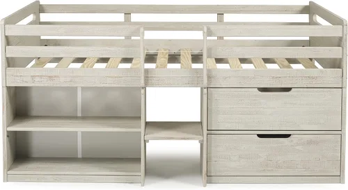 Vista 3 de Donco Kids Cama tipo loft baja individual con estantería y baúl de almacenamiento, individual, gris claro rústico