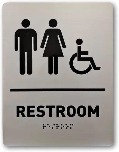 Vista 3 de Letrero personalizado para baño con Braille, letrero de baño de aluminio cepillado con cinta de espuma de doble cara, decoración de puerta