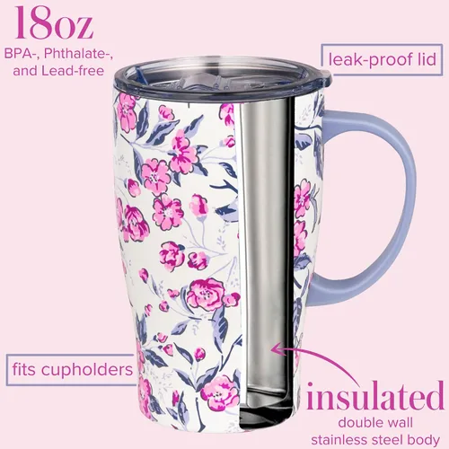 Vista 4 de Vera Bradley Taza de café aislada con asa, taza de 18 onzas de acero inoxidable con tapa, taza térmica de metal con flores rosadas, colibrí Ditsy