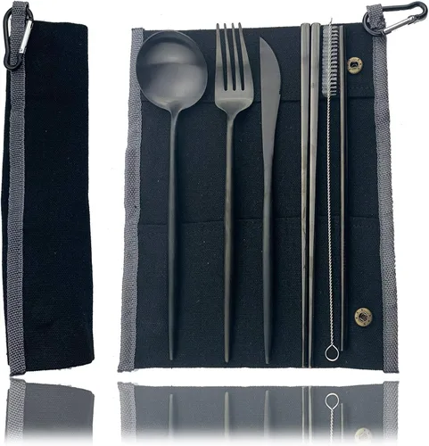 Vista 16 de JASHII Juego de cubiertos de viaje de acero inoxidable, tenedor, cuchara, cuchillo, pajilla, cubiertos reutilizables con estuche, juego de Rosa
