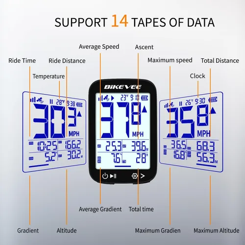 Vista 2 de Velocímetro de Bicicleta GPS Ordenador de Ciclismo Inalámbrico – Inicio/Parada Automática, Retroiluminación Automática, Odómetro de Bicicleta