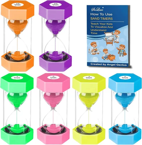 Vista 9 de SuLiao Temporizadores de arena 1m/2m/3m/5m/10 minutos, temporizador de arena de reloj de arena de plástico para niños, reloj de arena grande