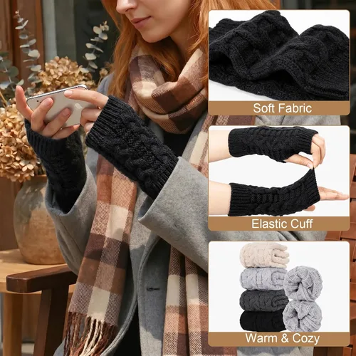 Vista 3 de Loritta Guantes sin dedos para mujer, calentadores de brazos con orificio para el pulgar de invierno de punto y ganchillo A1-beige/gris claro/gris