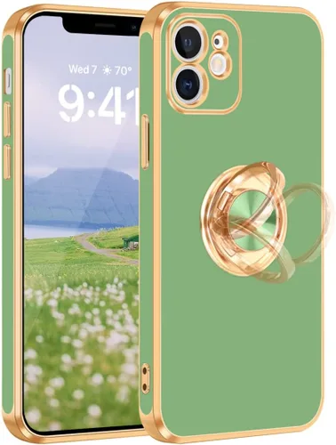 Vista 8 de Fingic Funda para iPhone 12 con Soporte de Anillo, [Soporte de Anillo Giratorio de 360° Magnético con Base] [Borde Dorado Brillante con Enchapado]