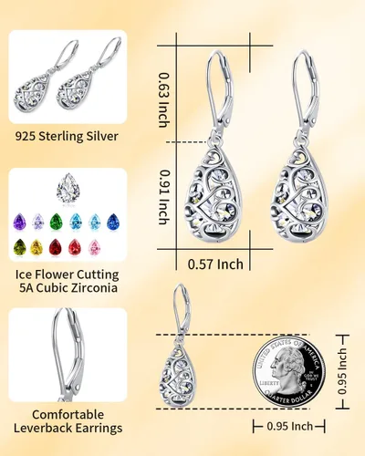 Vista 4 de Aretes colgantes de plata esterlina con forma de gota de piedra natal de filigrana 5A con forma de lágrima