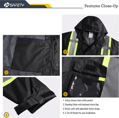 Vista 4 de JKSafety Chaqueta y pantalones reflectantes de alta visibilidad para lluvia, impermeables para hombres y mujeres, equipo de lluvia para agricultura