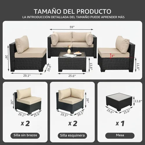 Vista 3 de WAROOM - Juego de muebles de patio de 5 piezas para exteriores, conjunto seccional de sofá de conversación de mimbre de polietileno tipo ratán