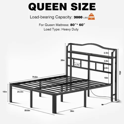 Vista 2 de Base de cama Queen con cabecera y estación de carga, base de cama de metal de 18 pulgadas de alto, base de colchón resistente con gran espacio de 46