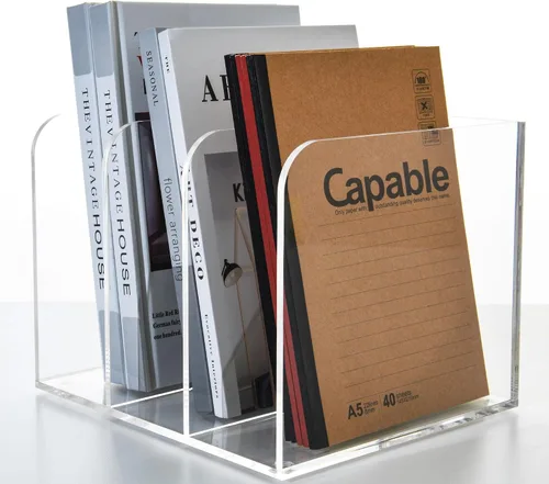 Vista 3 de 3 compartimentos verticales de acrílico transparente para revistas y archivadores, organizador de escritorio multiusos para documentos, tabletas