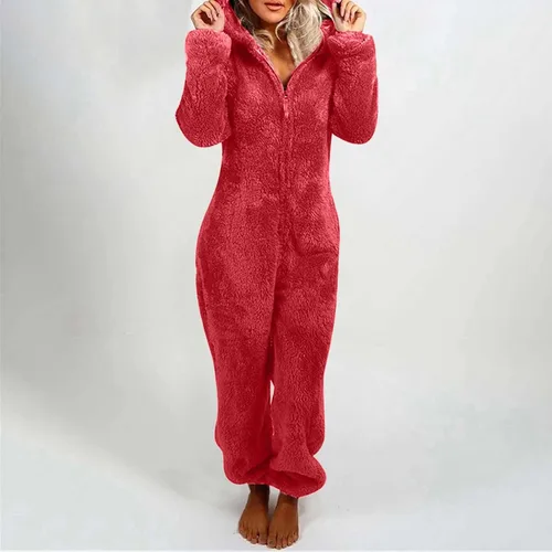 Vista 5 de Enterizo de una pieza para mujer, cómodo pijama de sherpa peluda con capucha para la familia, con cremallera, otoño e invierno