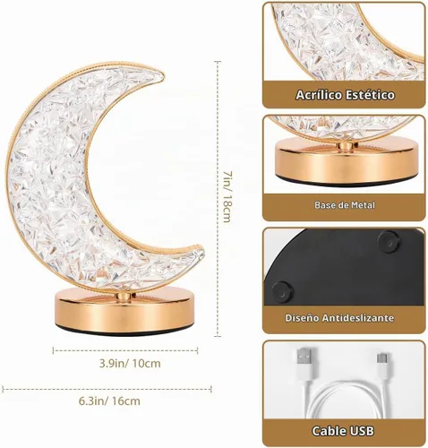 Vista 5 de Lewondr Ramadan Crescent Moon Table Lamp, 3 Way Dimmable Touch Lamp, Gold