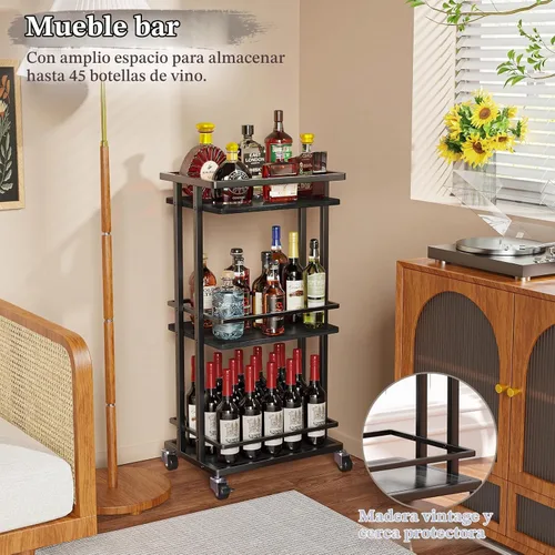 Vista 2 de OKZEST Carrito de barra de 3 niveles para el hogar, mini gabinete de licor Negro (Rustic Black)