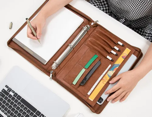 Vista 7 de AZXCG Padfolio - Carpeta de 3 anillos para mujer, carpeta de negocios de cuero vegano con cremallera, organizador de cuadernos de documentos