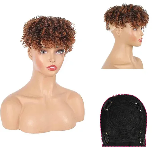 Vista 8 de Matthia Pelucas de cabello rizado marrón con flequillo para cabello fino, sintético corto afro rizado rizado con clip para mujeres negras (1B/27#)
